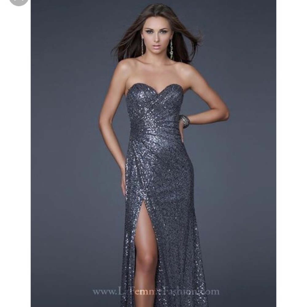 La Femme silver/Grey sequin full length dress